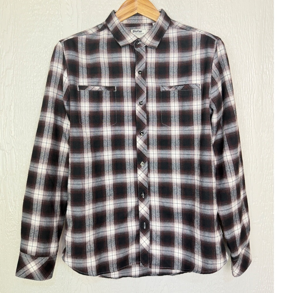 7 Diamonds Stefan Mens Medium Plaid Button Down Shirt Brown Black Long Sleeve